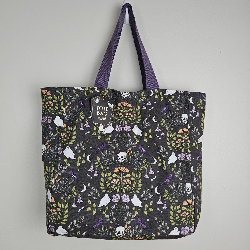 Hallowed Hauntings Tote Bag Unisex OS Black Ghost Skull Floral Halloween Canvas